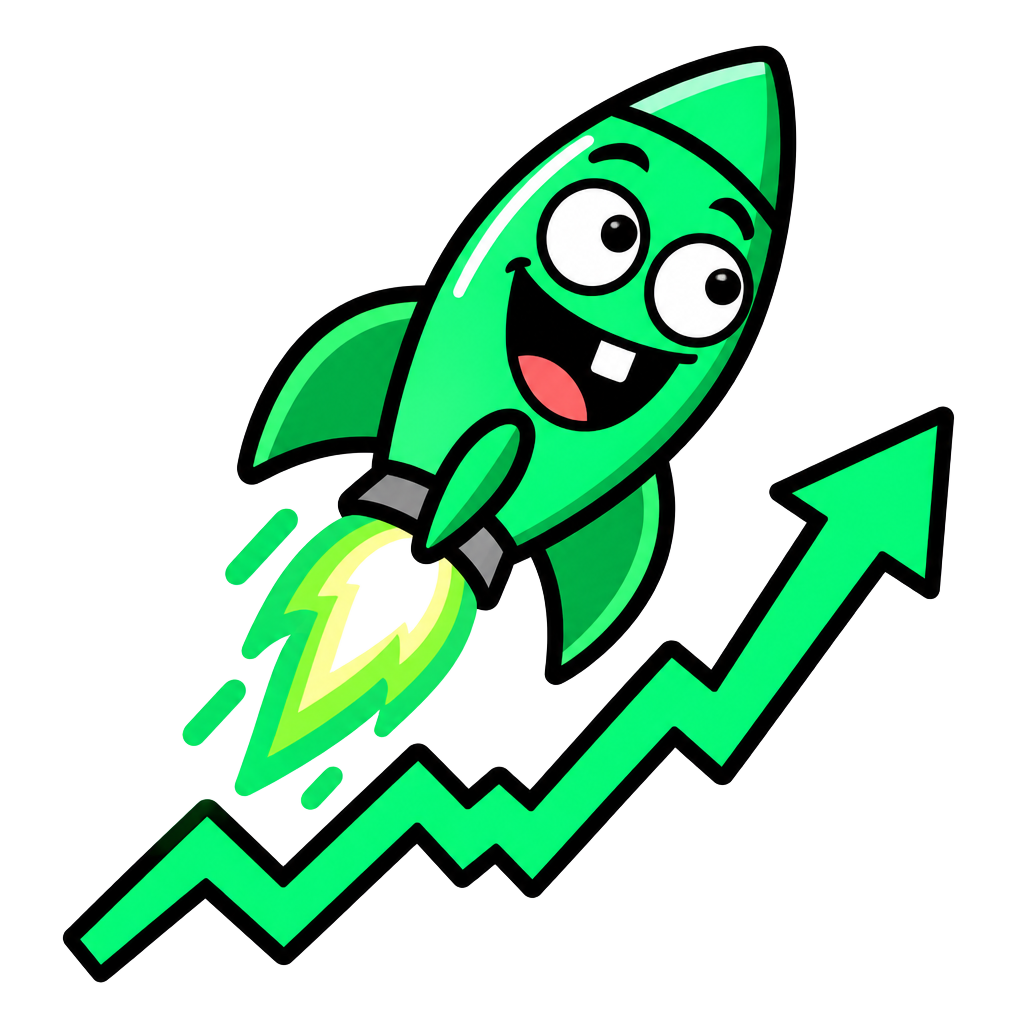 Smiling cartoon rocket flying along a rising stock chart